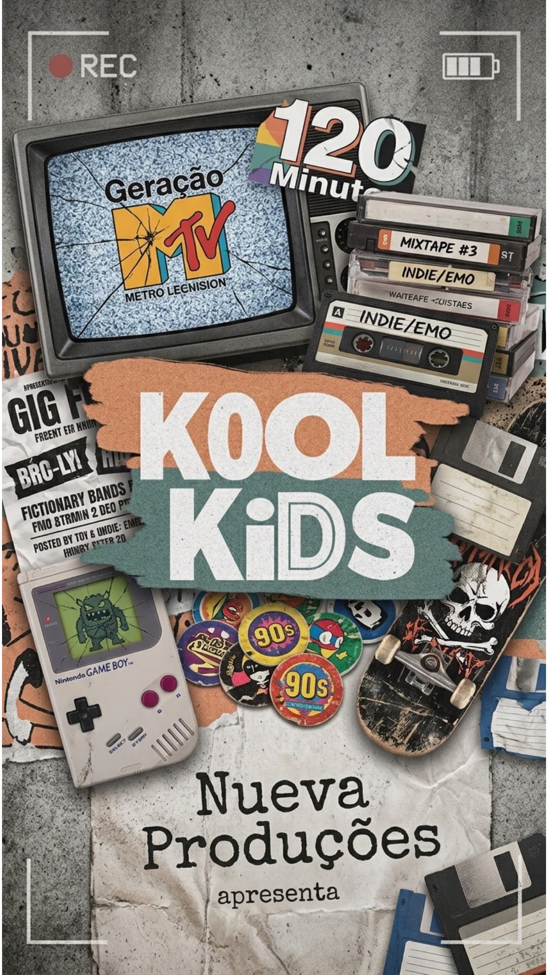 Cartaz da Kool Kids: colagem com TV antiga, fitas cassete, Game Boy, skate e disquete. Nueva Produções apresenta.